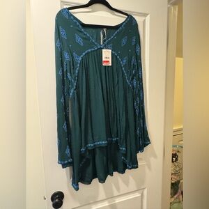 Free People Dark Green Dress with Blue Embroidery
